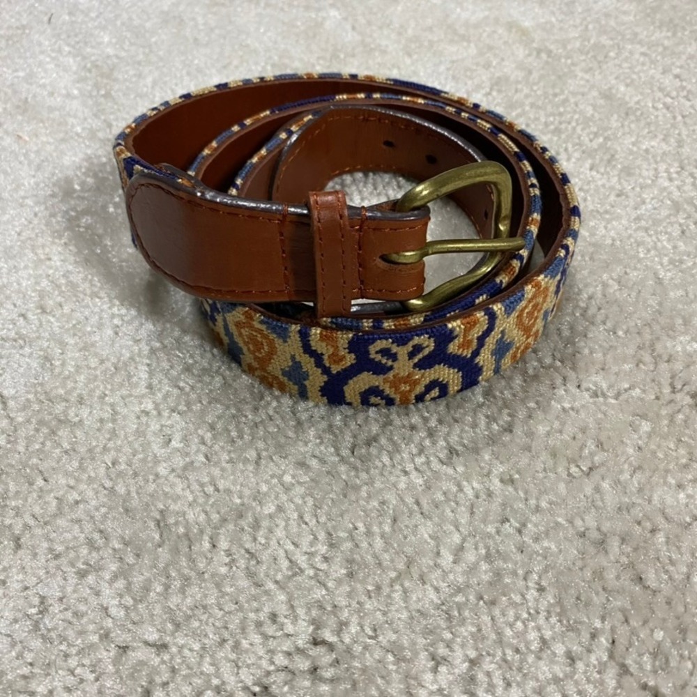 Smathers & Branson Belt Mens 40 Needlepoint Navy Orange Ikat Leather Brass